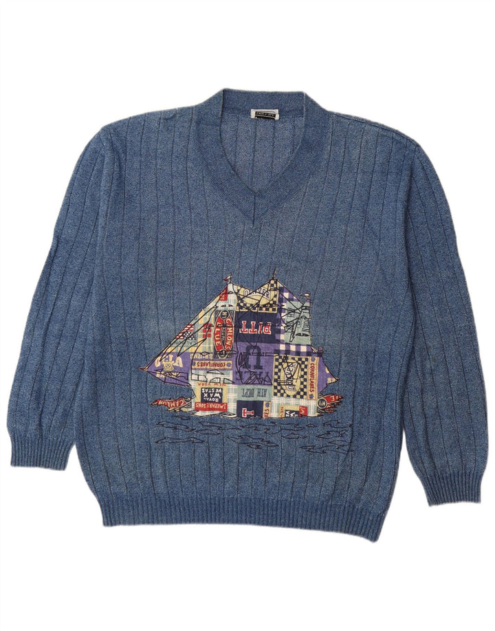 Pulover vintage pentru bărbați cu decolteu în V, XL, albastru, bumbac, benzi desenate