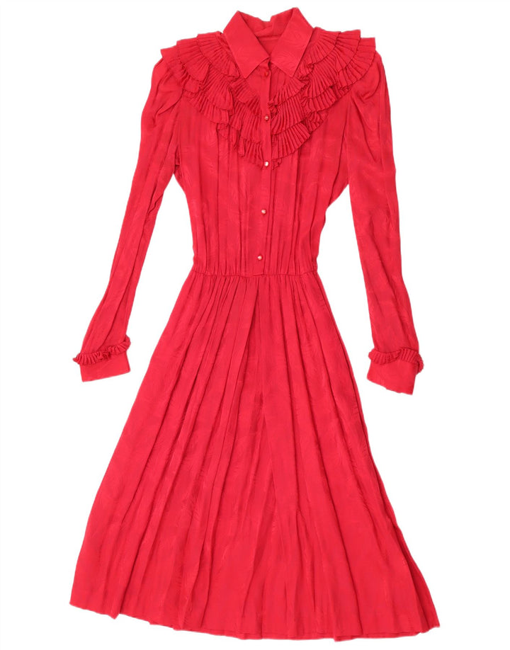 Rochie maxi vintage pentru femei cu maneci lungi cu volane in fata UK 12 rosie medie