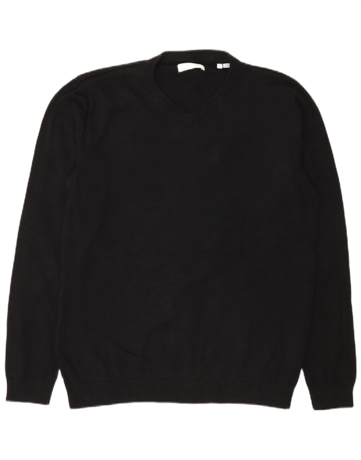 Jack & Jones Pulover cu decolteu în V pentru bărbați, bumbac mare, negru