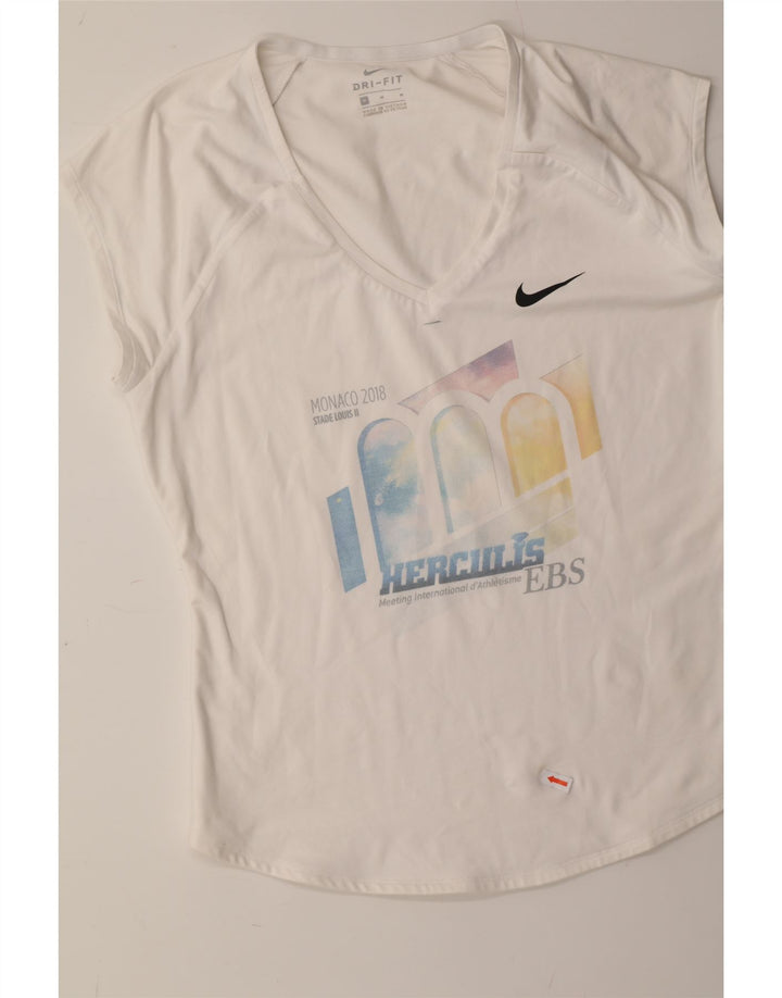 NIKE Womens Dri Fit Graphic T-Shirt Top UK 12 Medium White Vintage Nike and Second-Hand Nike from Messina Hembry 