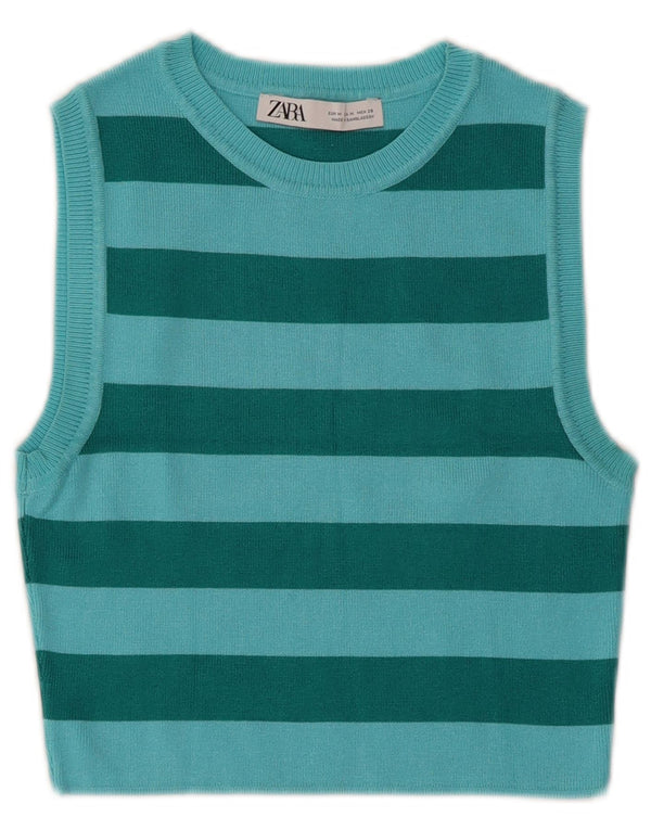 Zara femei Crop Vest Tank Top UK 12 Medium Blue Striped Viscose