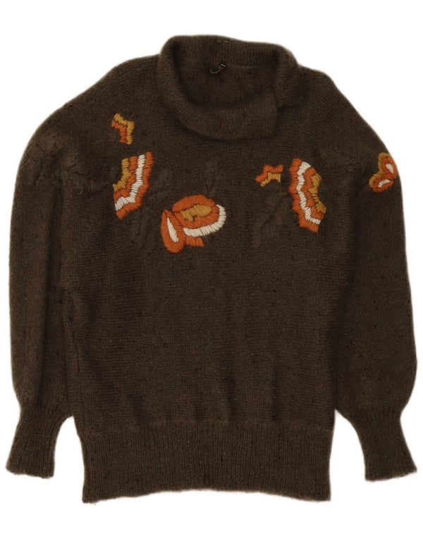 Vintage Womens Roll Neck Jumper Sweater UK 16 Large Khaki Floral Mohair