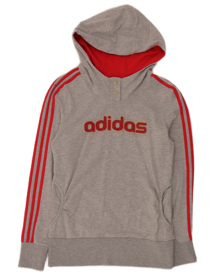 Pulover cu glugă cu buton grafic Adidas pentru femei UK 12 Bumbac gri mediu
