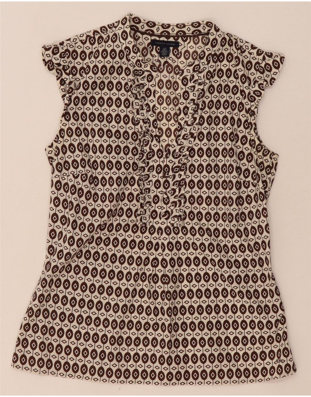 Tommy Hilfiger Womens Ruffle Front Blouse Top UK 10 Small Brown Geometric