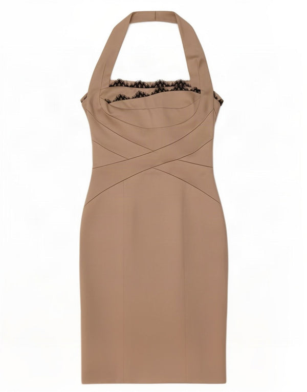 Karen Millen Womens Halter Dress UK 10 Small Beige Floral Acetate
