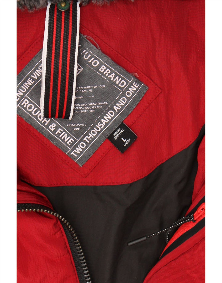 KHUJO Womens Hooded Padded Jacket UK 16 Large Red Polyester Vintage KHUJO and Second-Hand KHUJO from Messina Hembry 