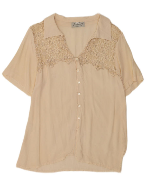 Bluză cămașă vintage pentru femei cu mânecă scurtă UK 20 2XL Bej Mătase