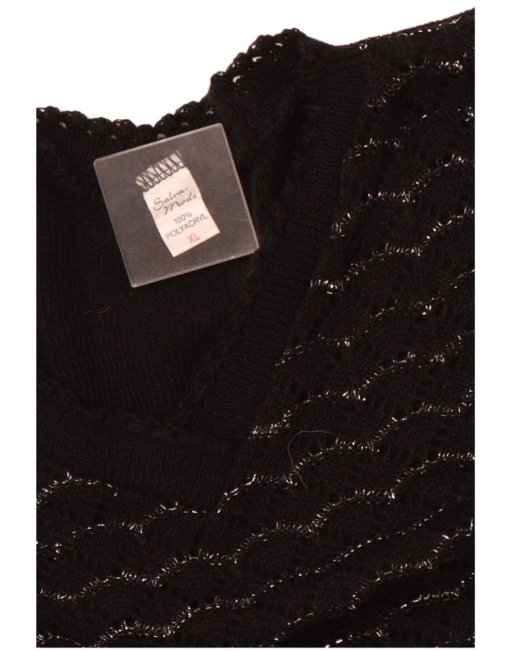 Pulover VINTAGE pentru femei cu mânecă scurtă cu decolteu în V, UK 18 XL, cu dungi negre