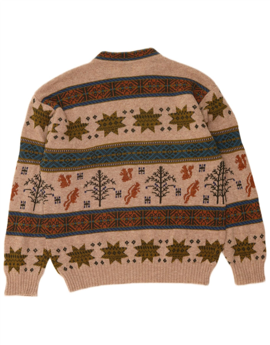 Pulover Benetton pentru bărbați cu decolteu rotund, lână Fair Isle, bej mediu