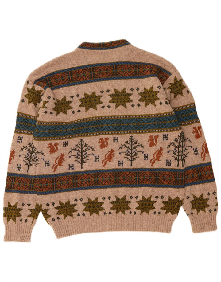 Pulover Benetton pentru bărbați cu decolteu rotund, lână Fair Isle, bej mediu