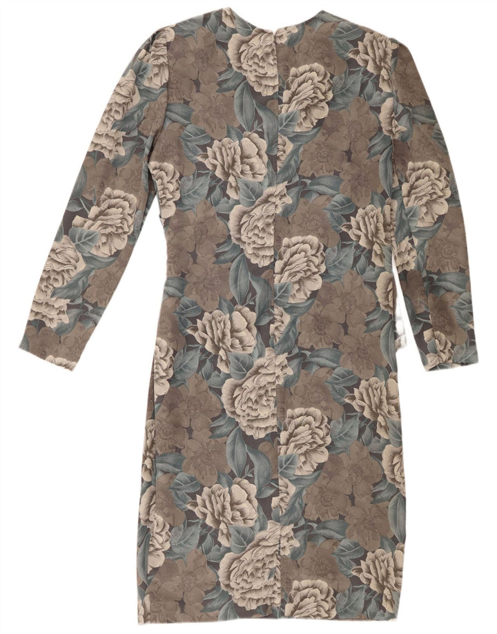 Rochie vintage pentru femei cu mânecă lungă, UK 12, poliester floral, gri mediu