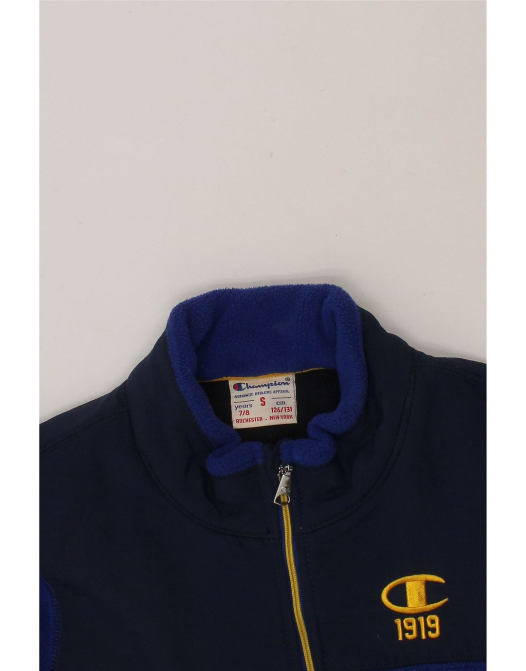 CHAMPION Boys Graphic Fleece Jacket 7-8 Years Small Navy Blue Colourblock Vintage Champion and Second-Hand Champion from Messina Hembry 