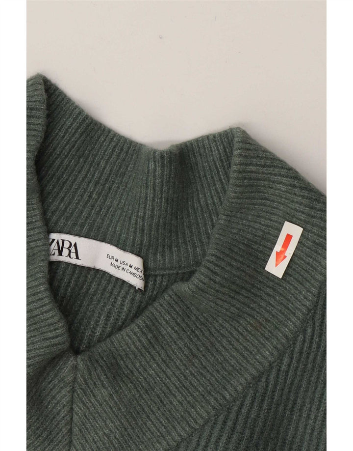 Zara Womens Oversized V-Neck Jumper Sweater UK 14 Medium Green Acrylic