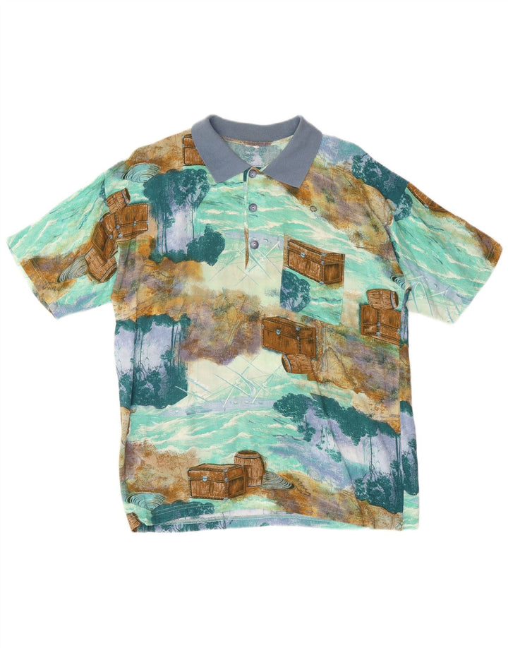 Tricou polo vintage pentru bărbați cu model abstract, albastru mediu