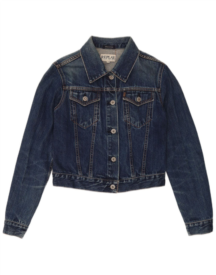 Jachetă de denim crop Replay pentru femei UK 12, bumbac albastru mediu