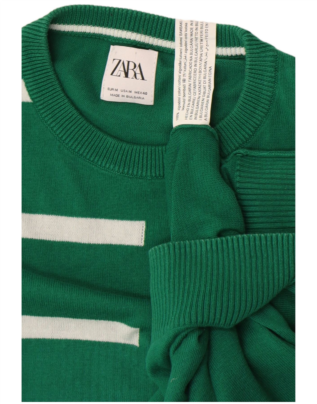 Pulover pentru bărbați Zara, cu gât roșu, bumbac cu dungi verzi medii
