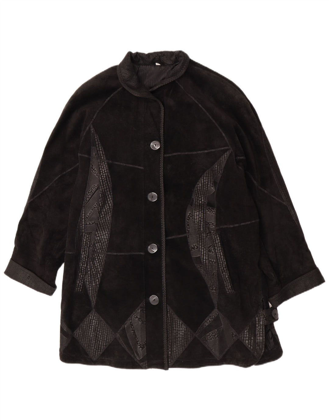Pardesiu supradimensionat din piele intoarsa vintage pentru femei EU 42, mare, neagra, din piele geometrica