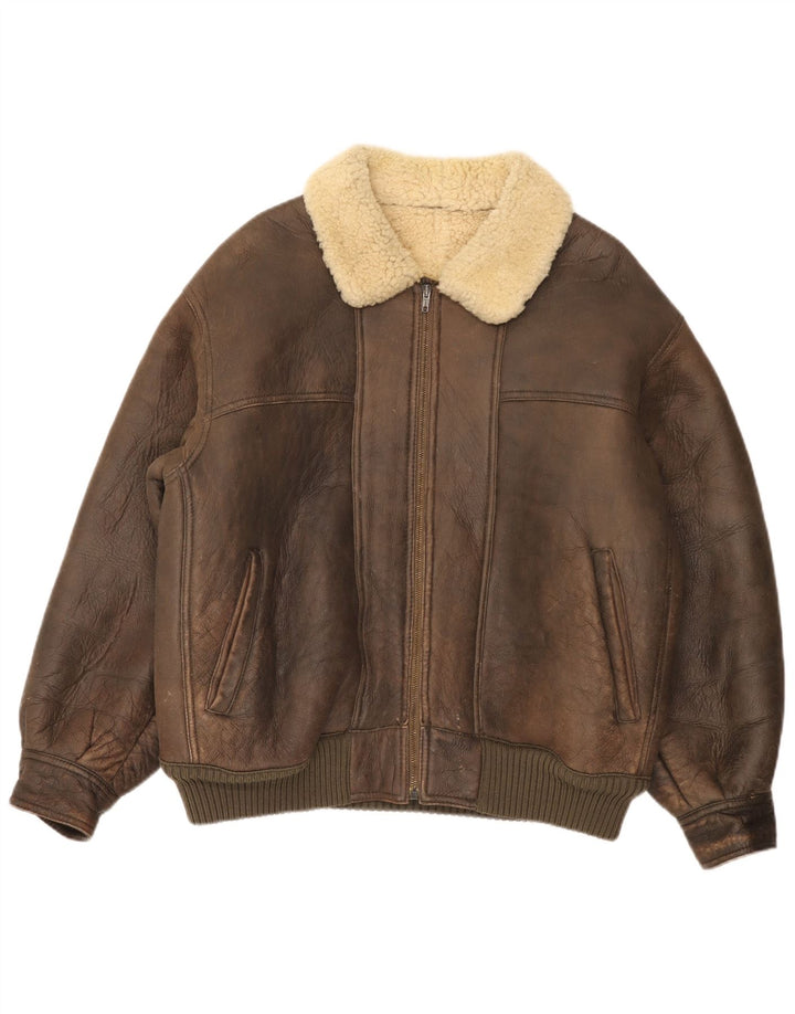 Jachetă Bomber din shearling vintage pentru bărbați UK 36 Maro mic