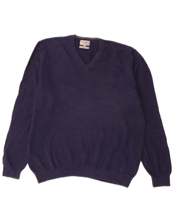 Pulover pentru bărbați Marks & Spencer, cu decolteu în V, XL, bumbac bleumarin
