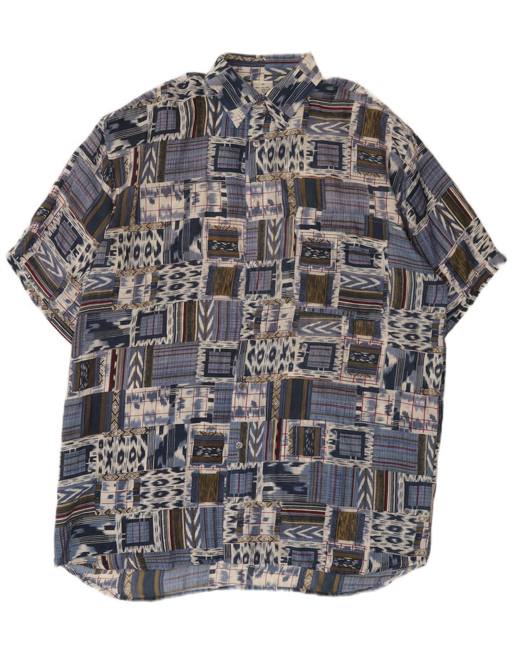 Cămașă Vintage pentru bărbați cu mânecă scurtă IT 48 Medium Blue Patchwork Silk