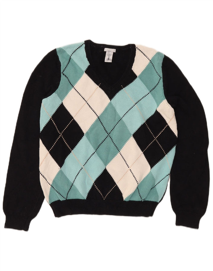 IZOD Pulover de golf cu decolteu în V pentru femei UK 12 Medium Black Argyle/Diamond
