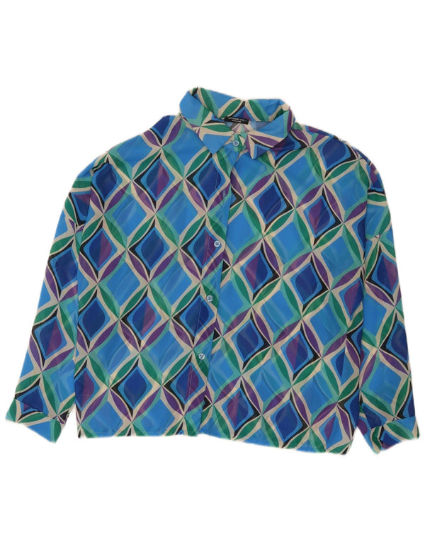 Bluză cămașă vintage pentru femei cu mâneci 3/4 UK 16, mare, albastru, poliester geometric