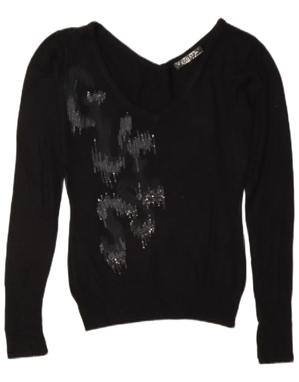 Guess Pulover cu decolteu în V cu grafic pentru femei UK 10 Small Black Viscose