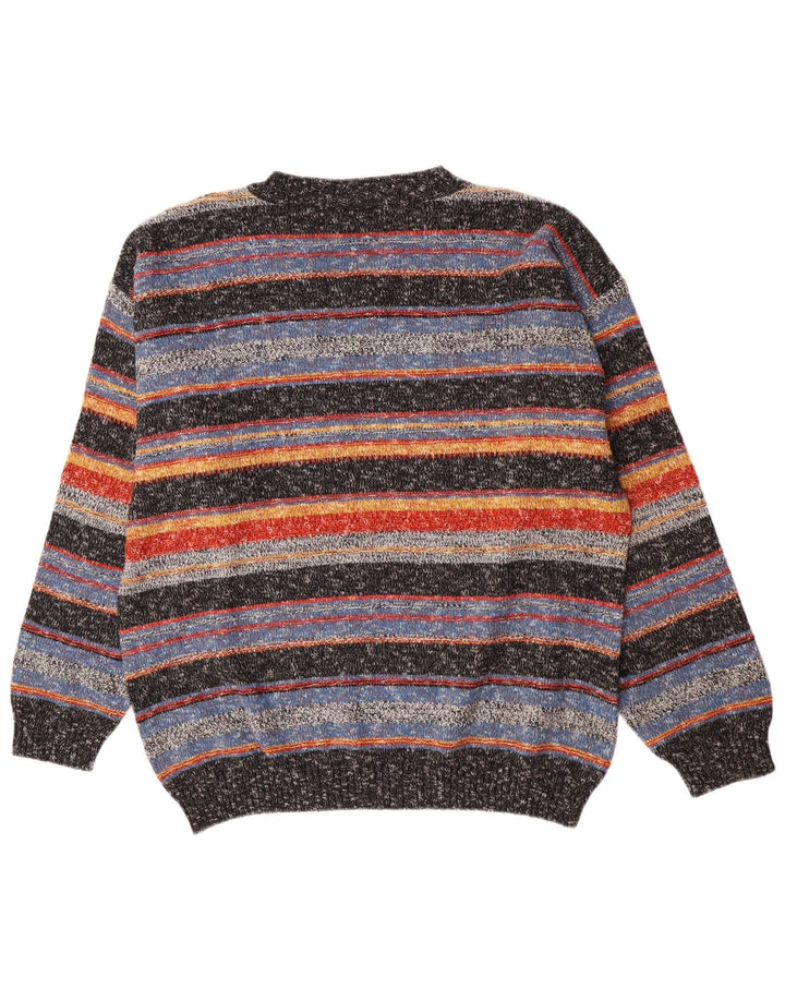 Pulover vintage pentru bărbați cu decolteu în V, mare, cu dungi acrilice, multicolore