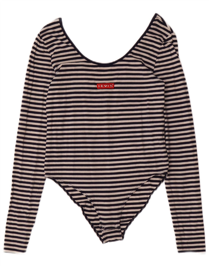 LEVI'S Womens Bodysuit UK 12 Medium Navy Blue Striped Cotton Nautical