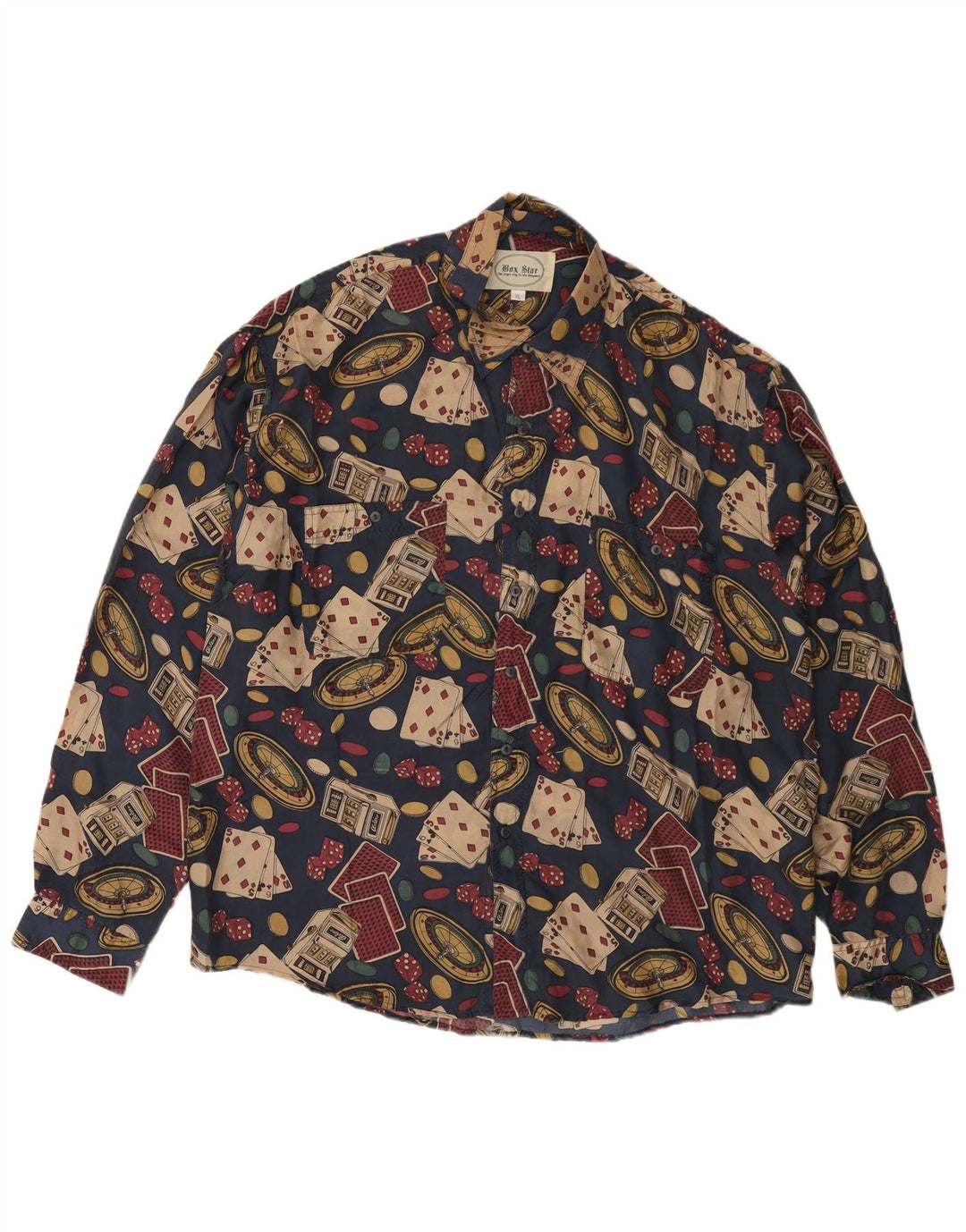 Cămașă cu grafică vintage pentru bărbați, XL, mătase bleumarin