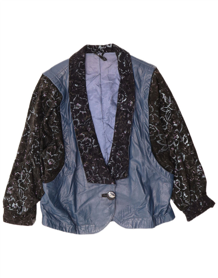 Jachetă de piele vintage pentru femei UK 14 mare, albastru, floral, retro