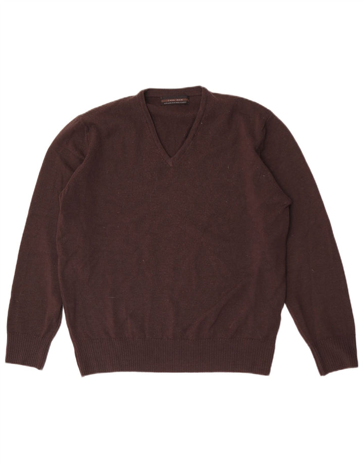 Pulover pentru bărbați Zara, cu decolteu în V, XL, lână maro