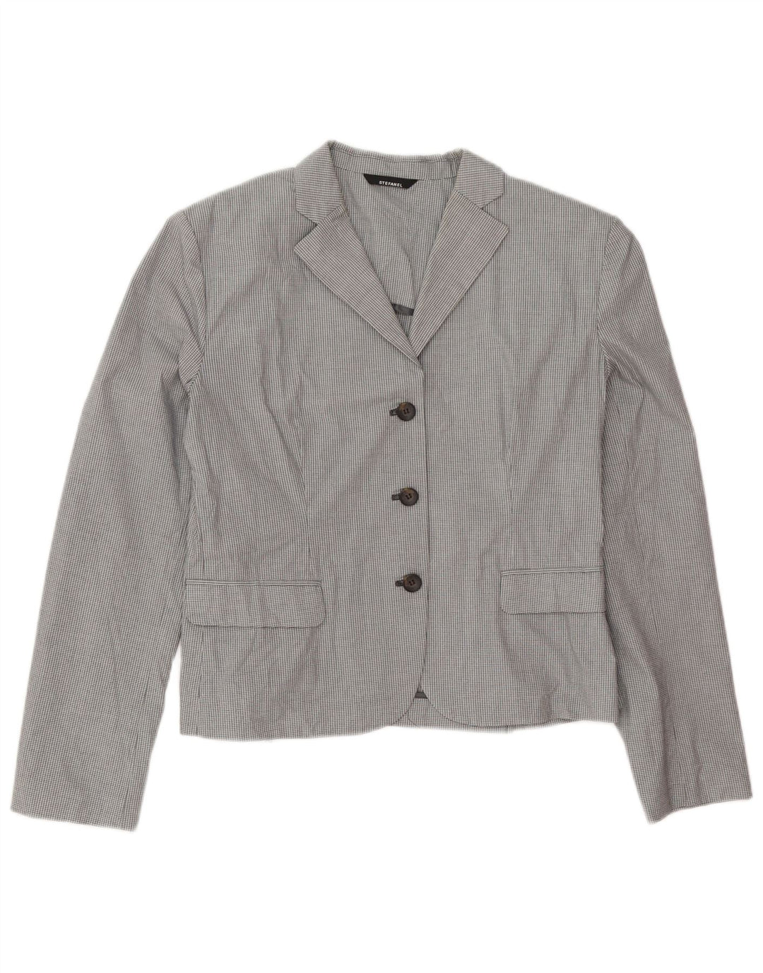 Jachetă pentru femei Stefanel cu 3 nasturi IT 48 XL bumbac cu carouri gri