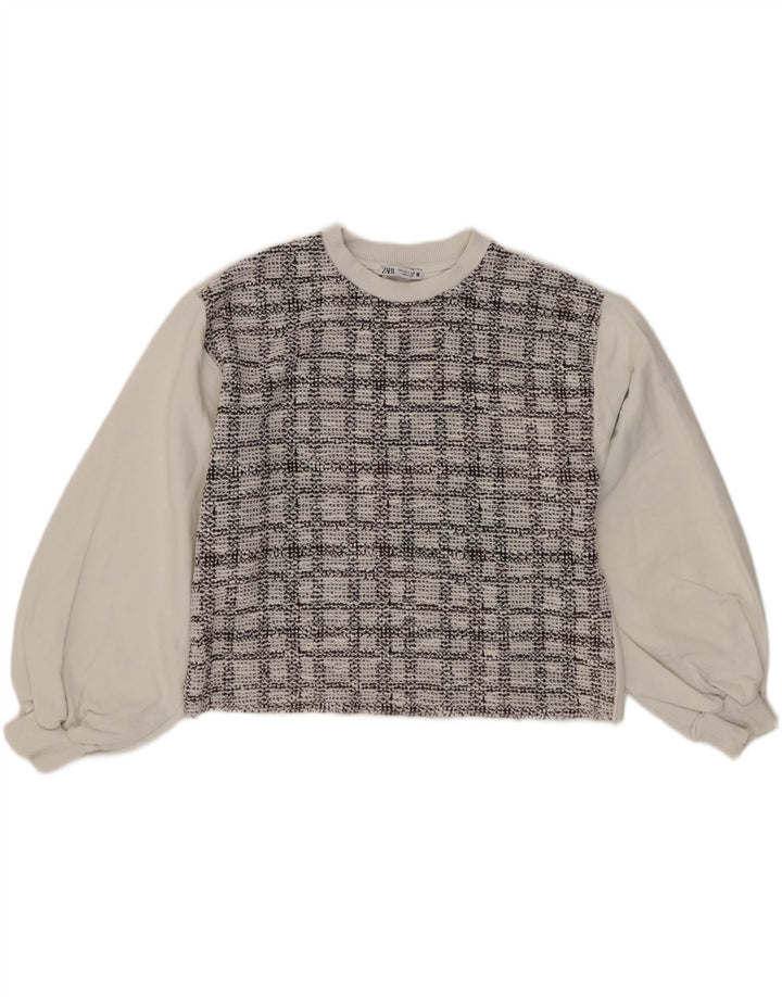 Pulover Oversized Crop pentru Damă Zara UK 10 Bumbac alb cu carouri mici