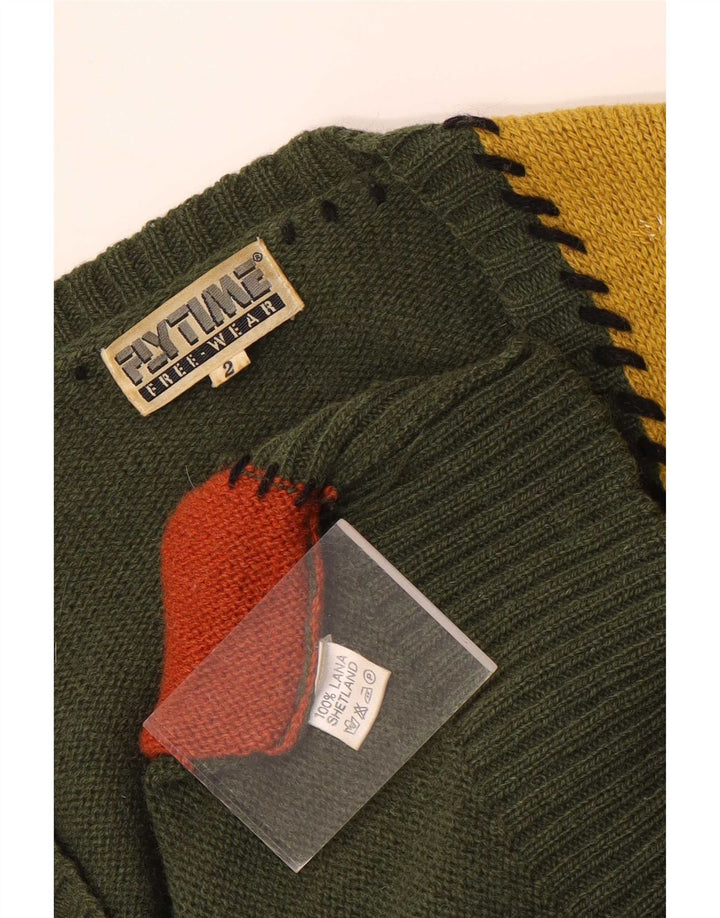 Pulover vintage cardigan grafic pentru femei UK 16, lână mare, verde, mozaic