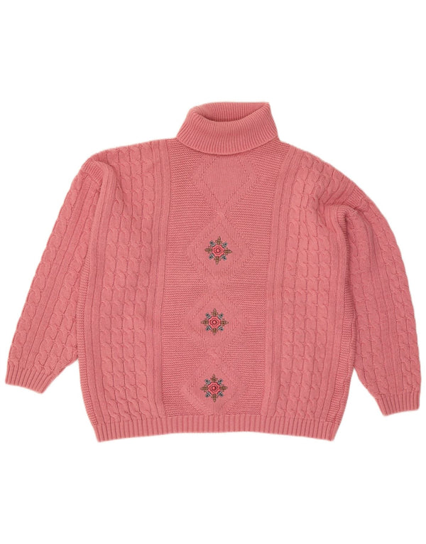 VINTAGE Pulover supradimensionat cu gât rulat pentru femei UK 18 XL roz floral