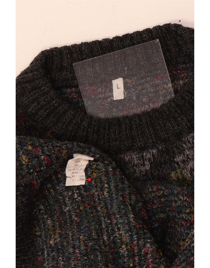 Pulover vintage pentru bărbați cu gât roșu mare, lână Argyle/Diamond, gri
