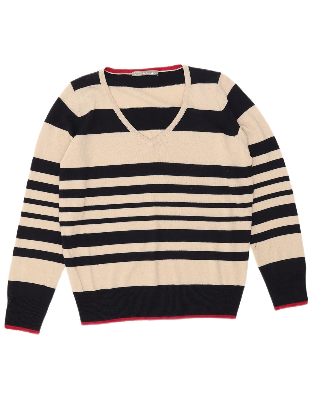 Pulover cu decolteu în V pentru femei Marks & Spencer UK 12 Medium în dungi alb deschis