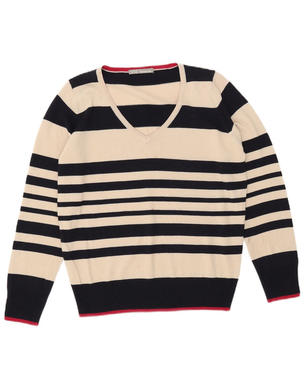 Pulover cu decolteu în V pentru femei Marks & Spencer UK 12 Medium în dungi alb deschis
