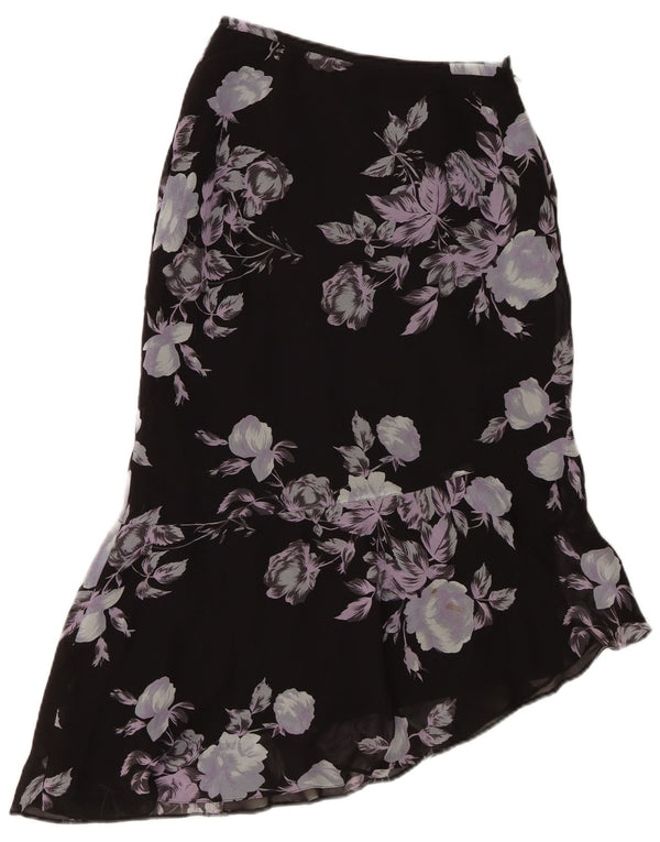 Fusta asimetrică pentru femei Laura Ashley UK 8 Small W24 Black Floral Silk