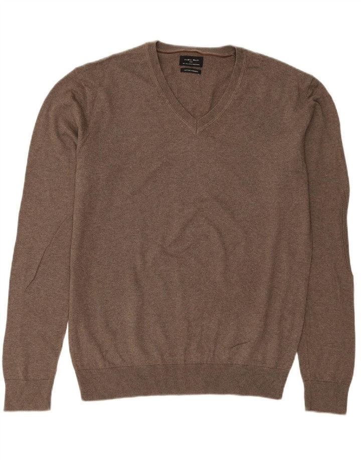 ZARA Mens V-Neck Jumper Sweater Large Brown Cotton
