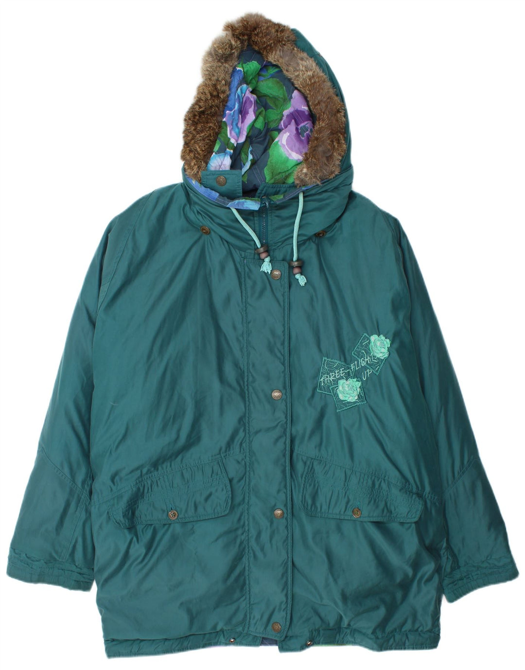 VINTAGE Jachetă reversibilă grafică supradimensionată pentru femei UK 16 mare turcoaz