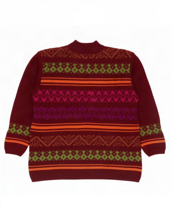 Pulover pentru femei Benetton cu gât țestoasă UK 16 Large Burgundy Fair Isle