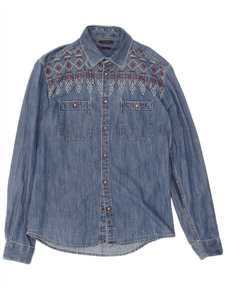Cămașă din denim pentru bărbați Zara, mare, albastru, geometrică