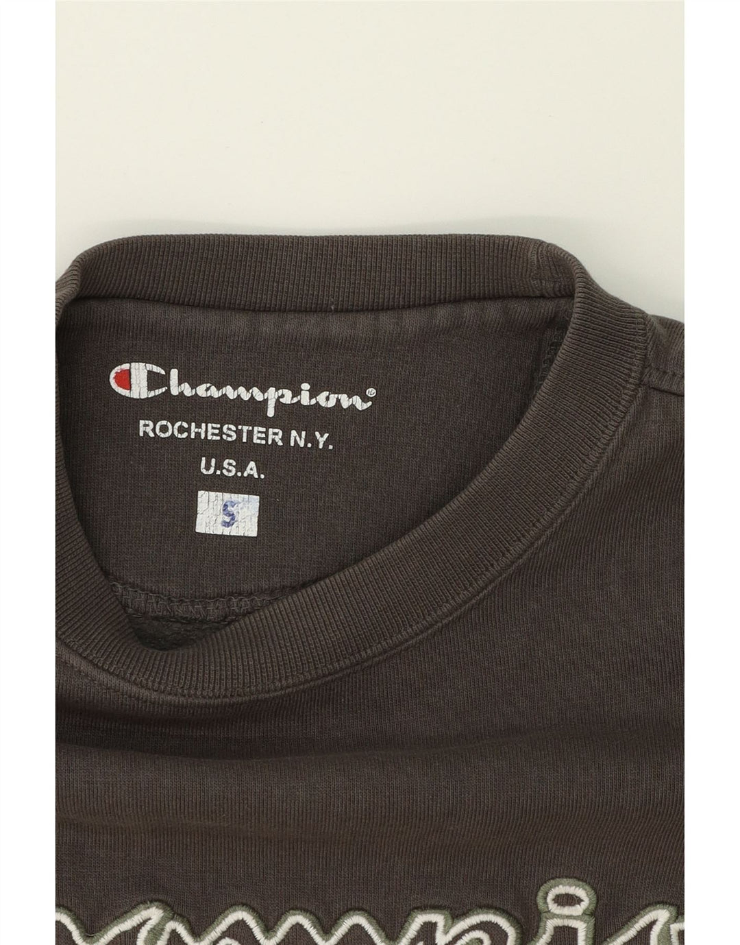 CHAMPION Mens Graphic Sweatshirt Jumper Small Grey Cotton Vintage Champion and Second-Hand Champion from Messina Hembry 