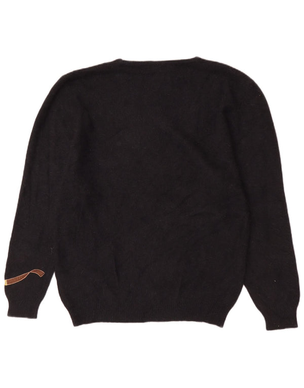 Pulover vintage pentru femei cu grafică cu gâtul de barcă, UK 18 XL Angora negru