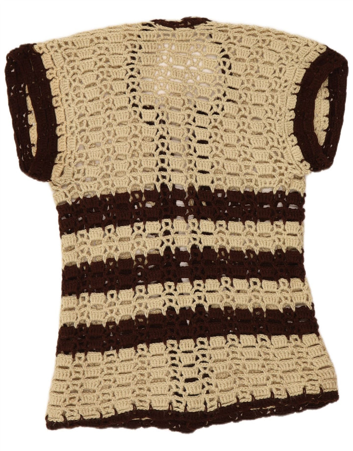 Pulover Cardigan Vintage cu mânecă scurtă pentru femei UK 8 Mic Bej cu dungi
