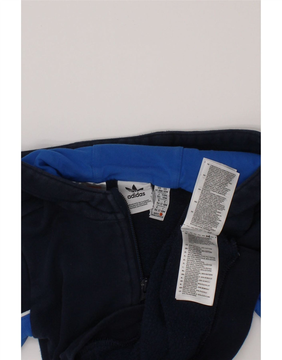 Pulover ADIDAS pentru copii, cu fermoar, cu glugă, 12-18 luni, albastru bleumarin, bloc de culoare