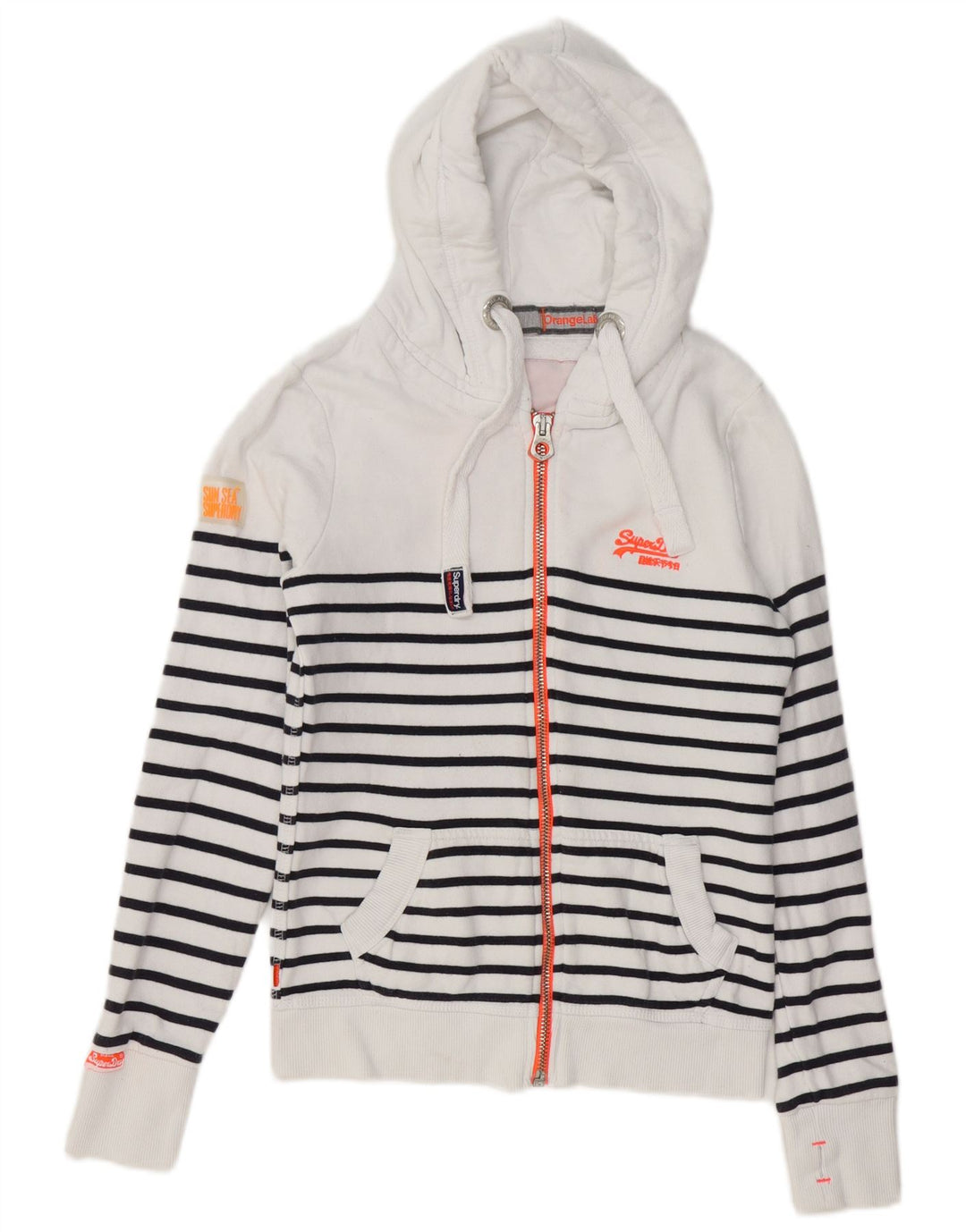 SUPERDRY Pulover cu capota cu fermoar pentru femei UK 6 XS Bumbac cu dungi albe