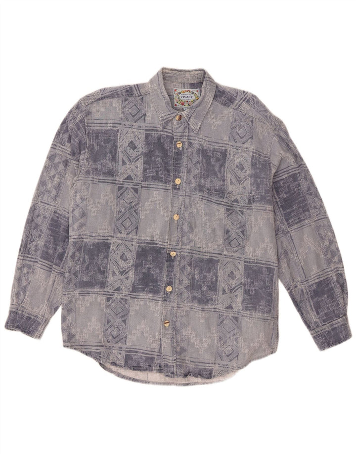 Cămașă de flanel vintage pentru bărbați, mare, albastru, geometric din bumbac